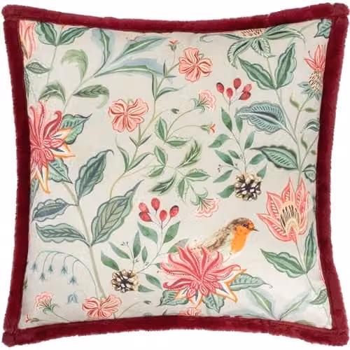 Wylder Beatrice Multicolour Floral Velvet Cushion with Faux Fur Trim, W/D/H: 50 x 50 x 50 cm
