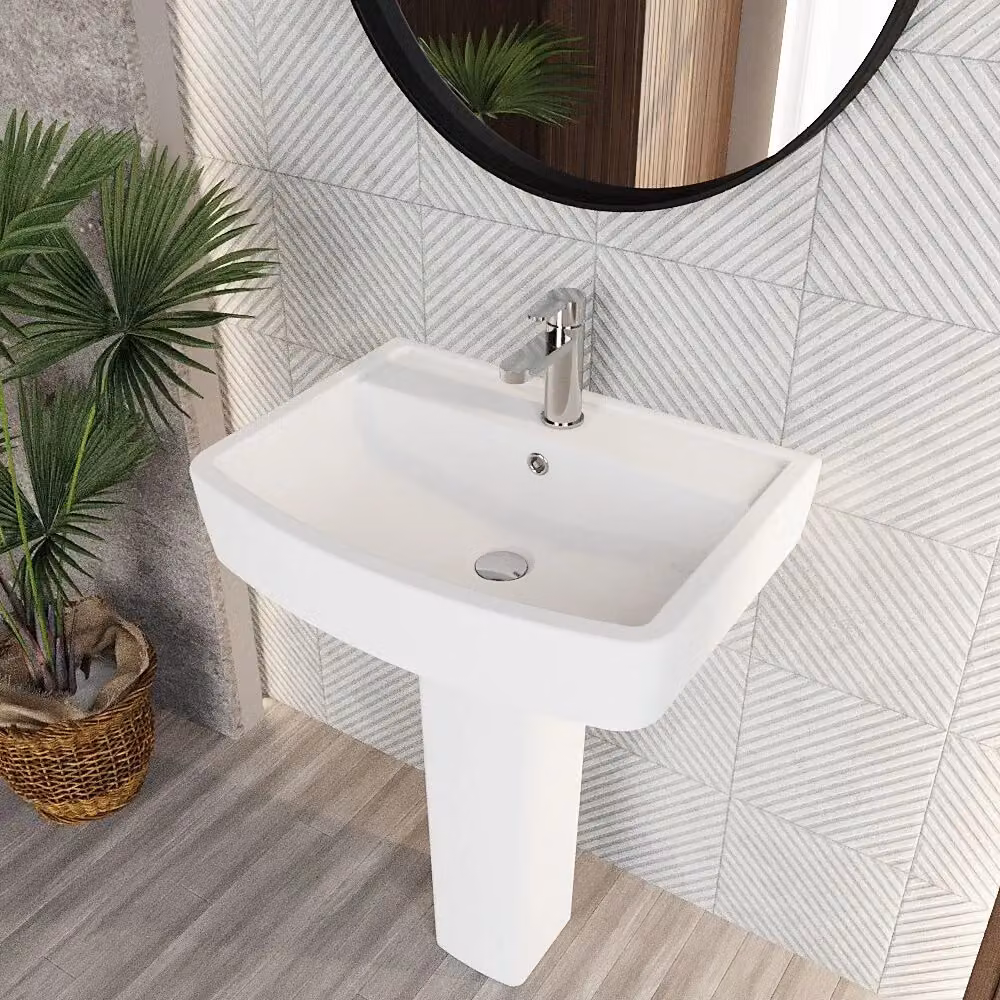Balterley Square 1 Tap Hole Basin and Full Pedestal in White, W/D/H: 60 x 81 x 46 cm – 3