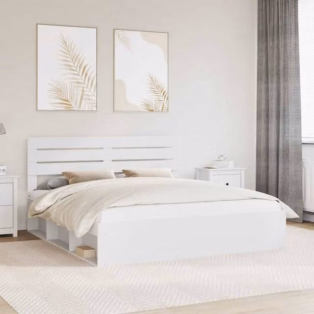 Berkfield Home White Solid Pine Wood Bed Frame with Headboard W/D/H: 200 x 200 cm