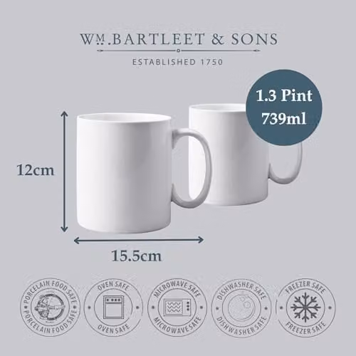 WM Bartleet & Sons 1750 Set of 2 Extra Large White Porcelain Mugs, 740ml – 6