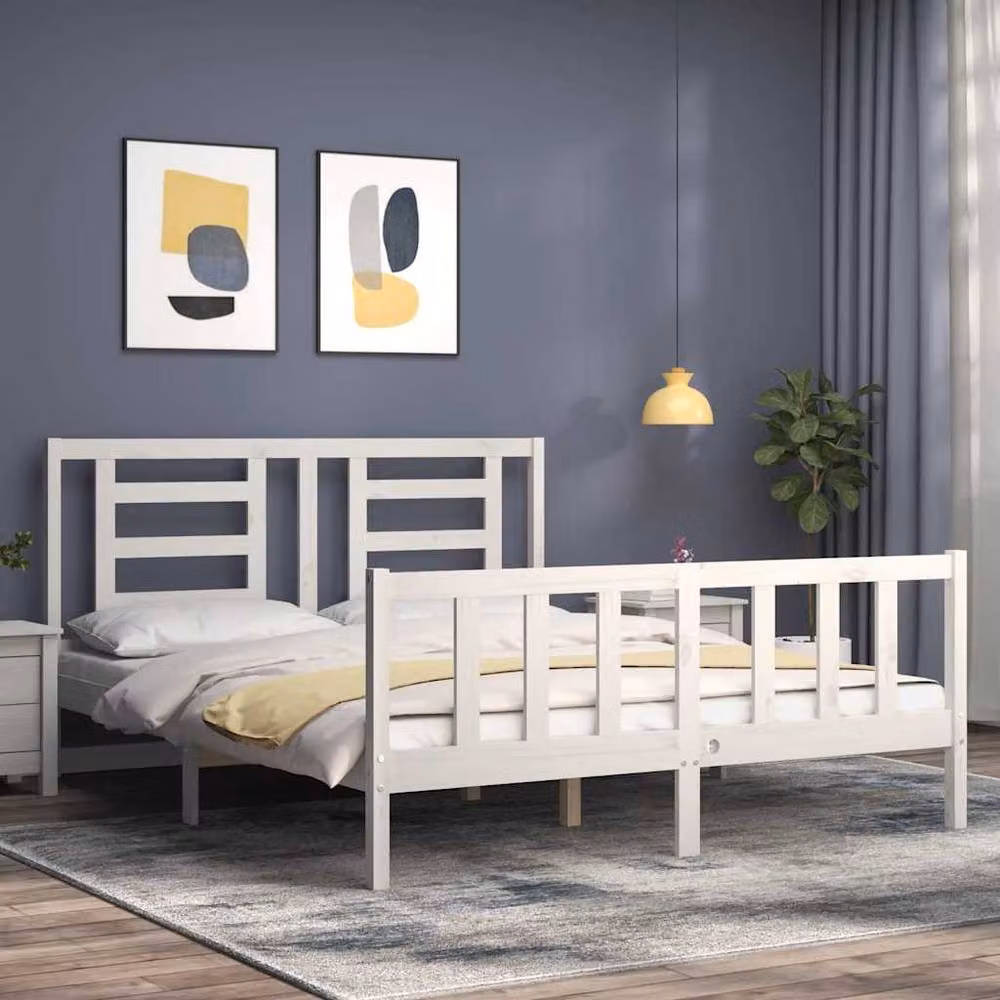 Berkfield Home Solid Wood Bed Frame with Headboard in White, W/D/H: 160 x 200 cm – 3