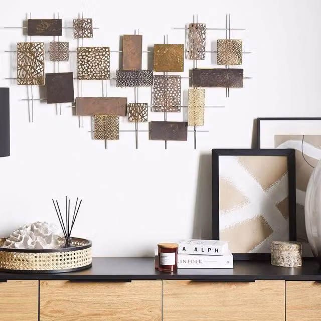 Wyld and Coco Geometric Gold and Silver Metal Abstract Wall Art W: 90 cm, H: 50 cm