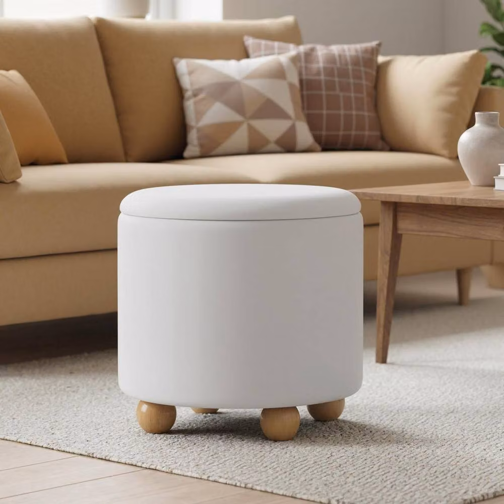 Havendro White Chenille Round Storage Ottoman Foot Stool, Diameter: 45 cm – 2