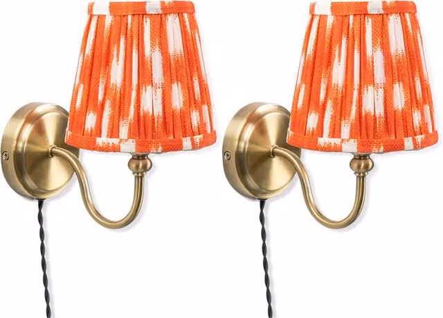 ValueLights Neely Pair of Orange Fabric Plug In Wall Lights in Antique Brass