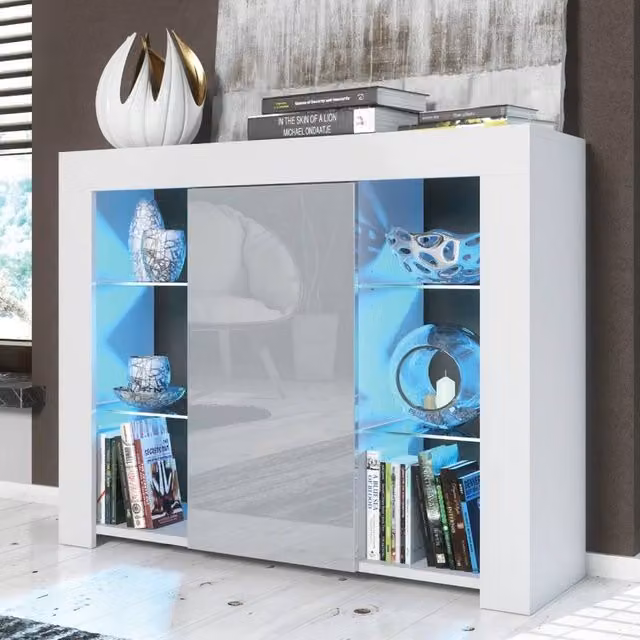 SPETLEK Modern TV Unit with Glass Doors and Integrated Lighting in White Matt and Grey High Gloss – 1