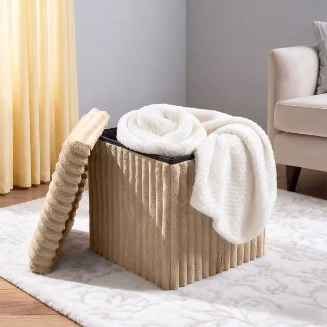 Groundlevel Faux Fur Ribbed Ottoman Storage Box in Beige