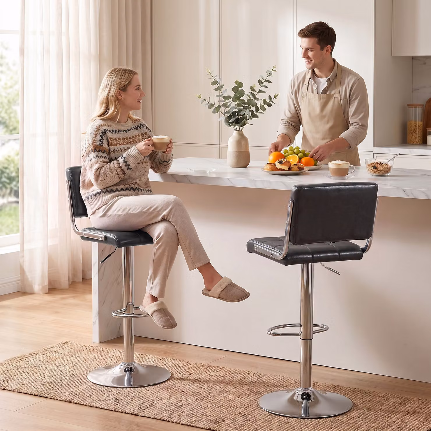 HOMCOM Set of 2 Modern Adjustable Grey PU Leather Bar Stools with Backrest and 360 Degree Swivel – 2