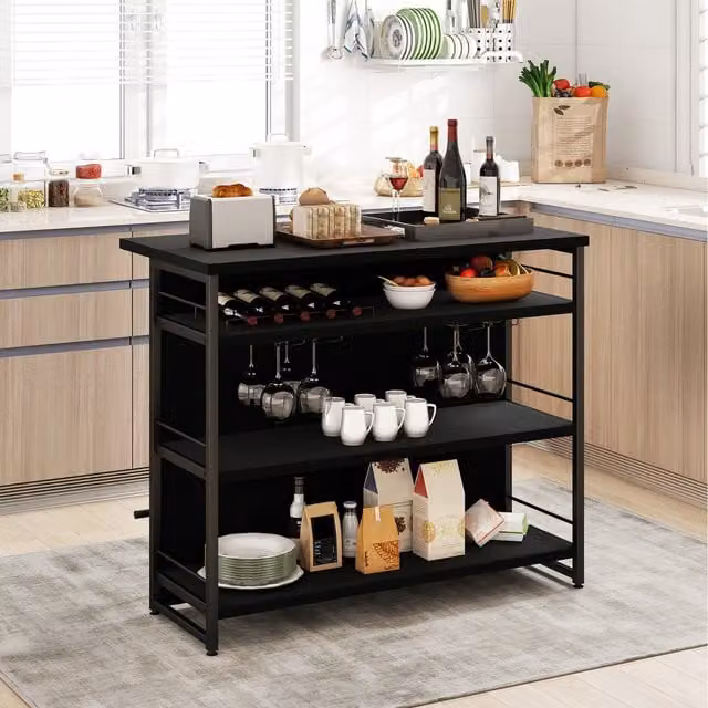 COSTWAY Industrial Home Bar Unit with 3 Open Shelves in Black