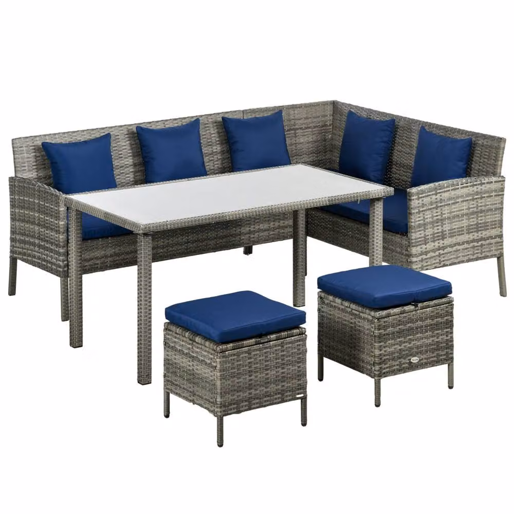 Wyld Haus Noro 5 Piece Mixed Grey Rattan Outdoor Dining Set with Dark Blue Cushions – 2