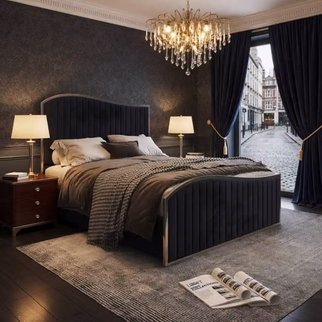 KDMD Hurstpierpoint King Size Upholstered Velvet Designer Bed Frame with Black Metal Details, W/D/H: 180 x 200 x 137 cm – 1