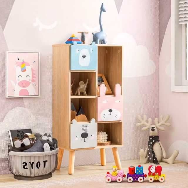 Costway Kids Bookcase and Toy Storage Organizer Cabinet in Natural Wood