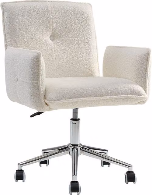 Livingandhome Modern Ergonomic Swivel Bouclé Office Chair with Armrests and Castors in Beige White