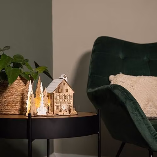 Samuel Alexander Battery Operated Wooden House Scene with Christmas Trees and Warm White LEDs, 16cm – 3