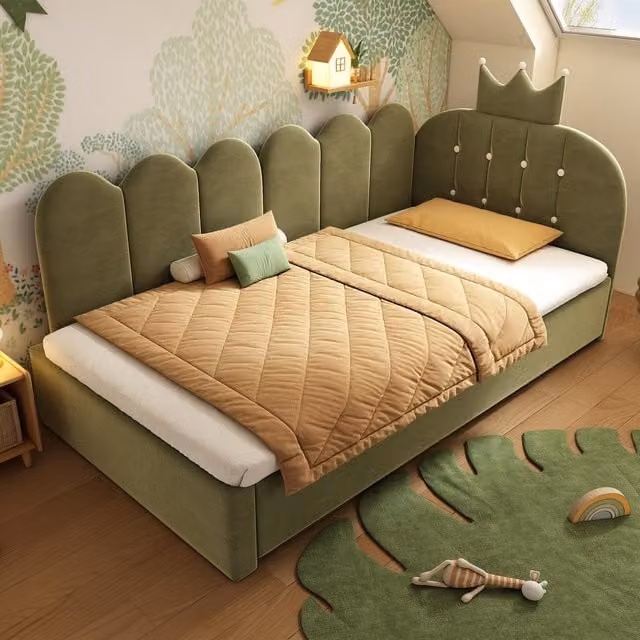 Aosom UK Green Velvet Upholstered Daybed with Pull-Out Trundle and Lattice Detail Crown-Headboard, W/D/H: 194 x 98 x 95 cm – 1