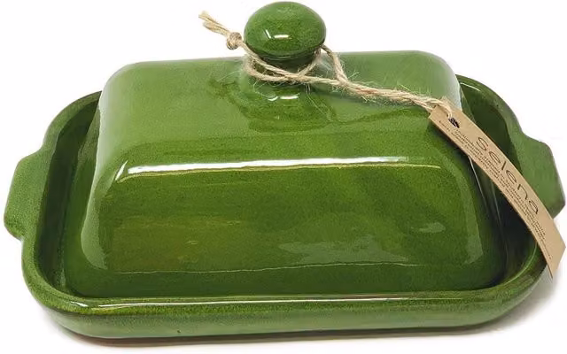 Verano Spanish Ceramics Selena Hand Dipped Glazed Ceramic Butter Dish, Green, W: 13 cm, L: 20 cm, H: 4.5 cm