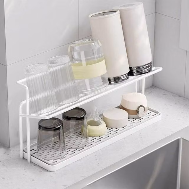 Kelvenix White 2 Tier Bottle Drying Rack and Cup Holder with Drip Tray