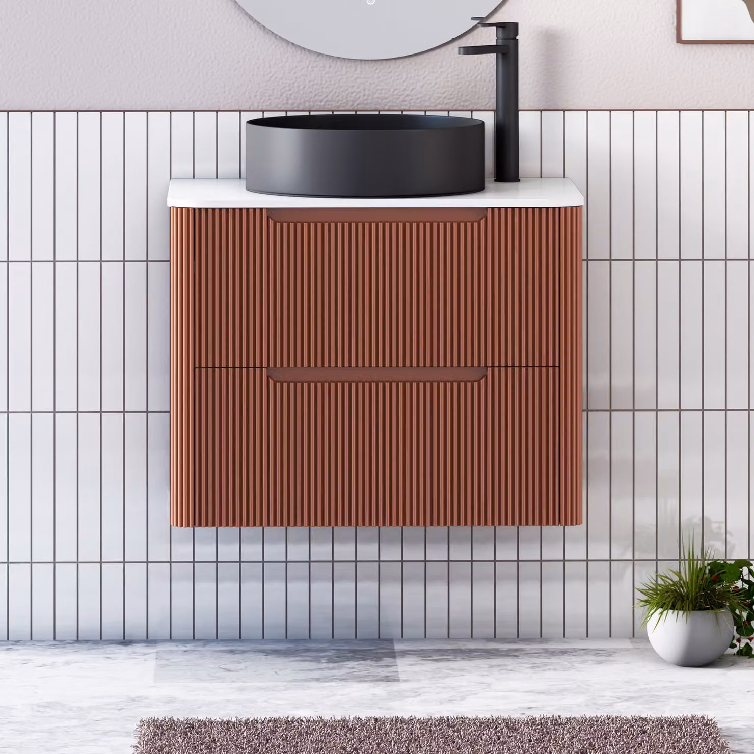 Royal Bathrooms Avenza 600mm Terracotta Clay Wall Hung Vanity Unit with 2 Drawers, Plain White Worktop and Art Round Black Basin