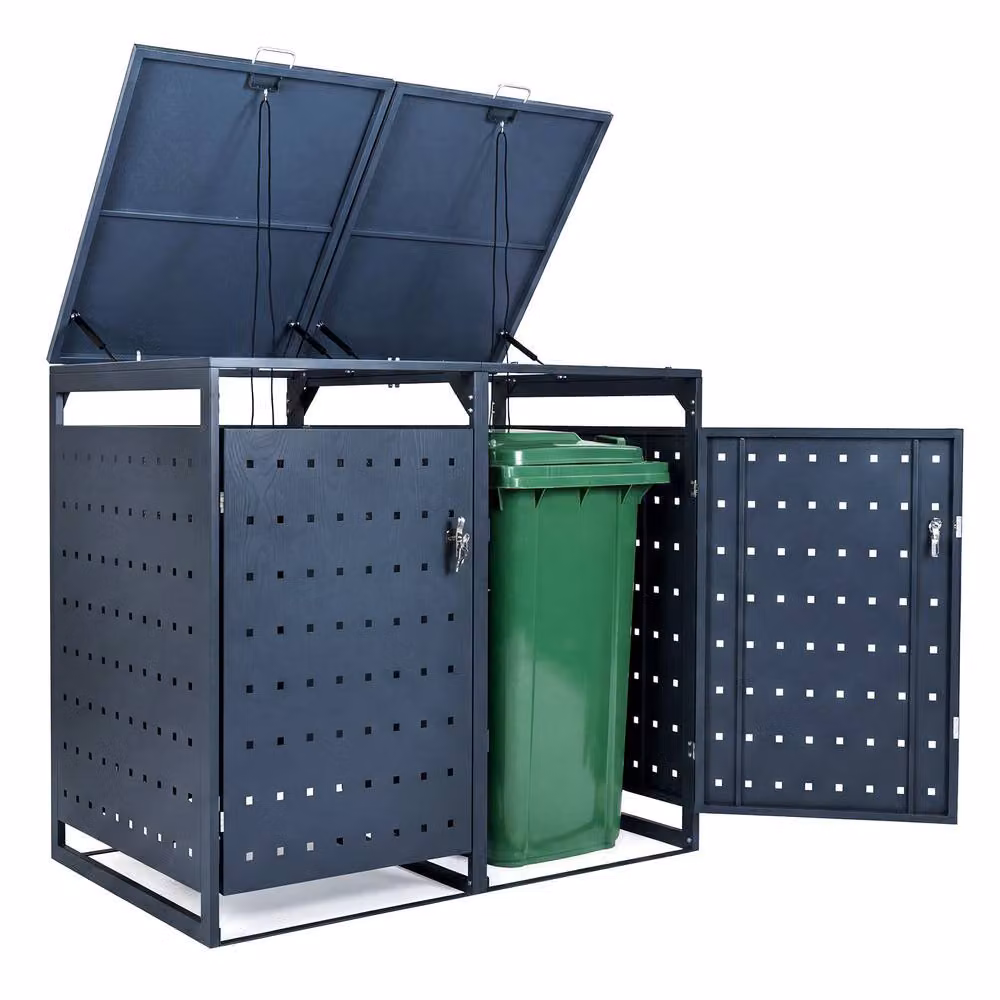 Costway Outdoor Metal Garbage Bin Storage Shed for 2 Trash Cans in Grey – 3