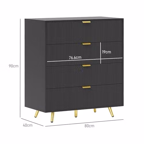 HOMCOM Modern Black Chest of Drawers with 4 Drawers and Gold Handles, W/D/H: 80 x 40 x 90 cm – 3