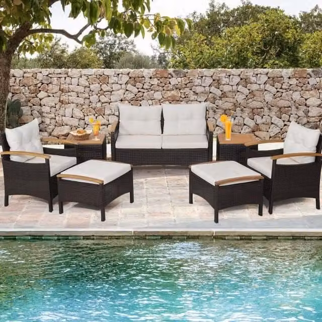 Chilli 7 Piece Black Rattan Patio Set with Cushions and Ottomans and Acacia Wood Details