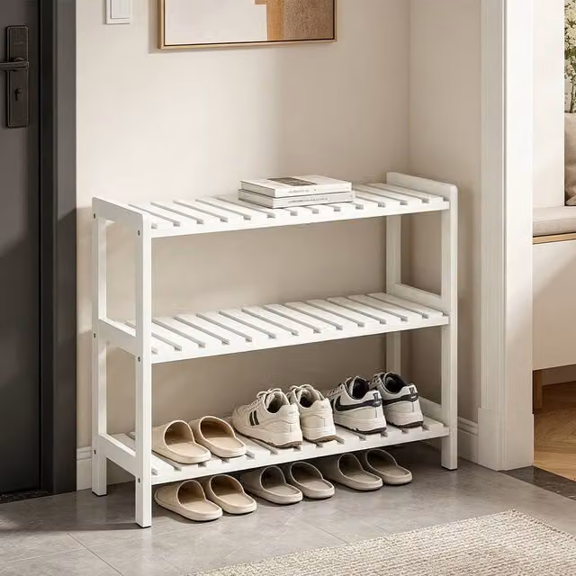 ERGOVEXA Chic 3-Tier White Wooden Shoe Rack with Slatted Shelves