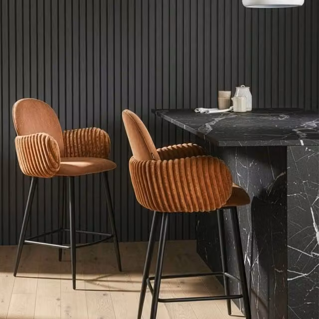 Wyld and Coco Set of 2 Retro Brown Velvet Bar Chairs with Armrests