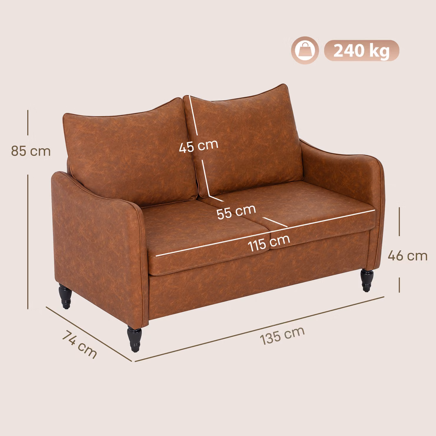 HOMCOM Modern Two-Seater Sofa in Brown Faux Leather with Marble-Effect Upholstery and Wood Accents – 3