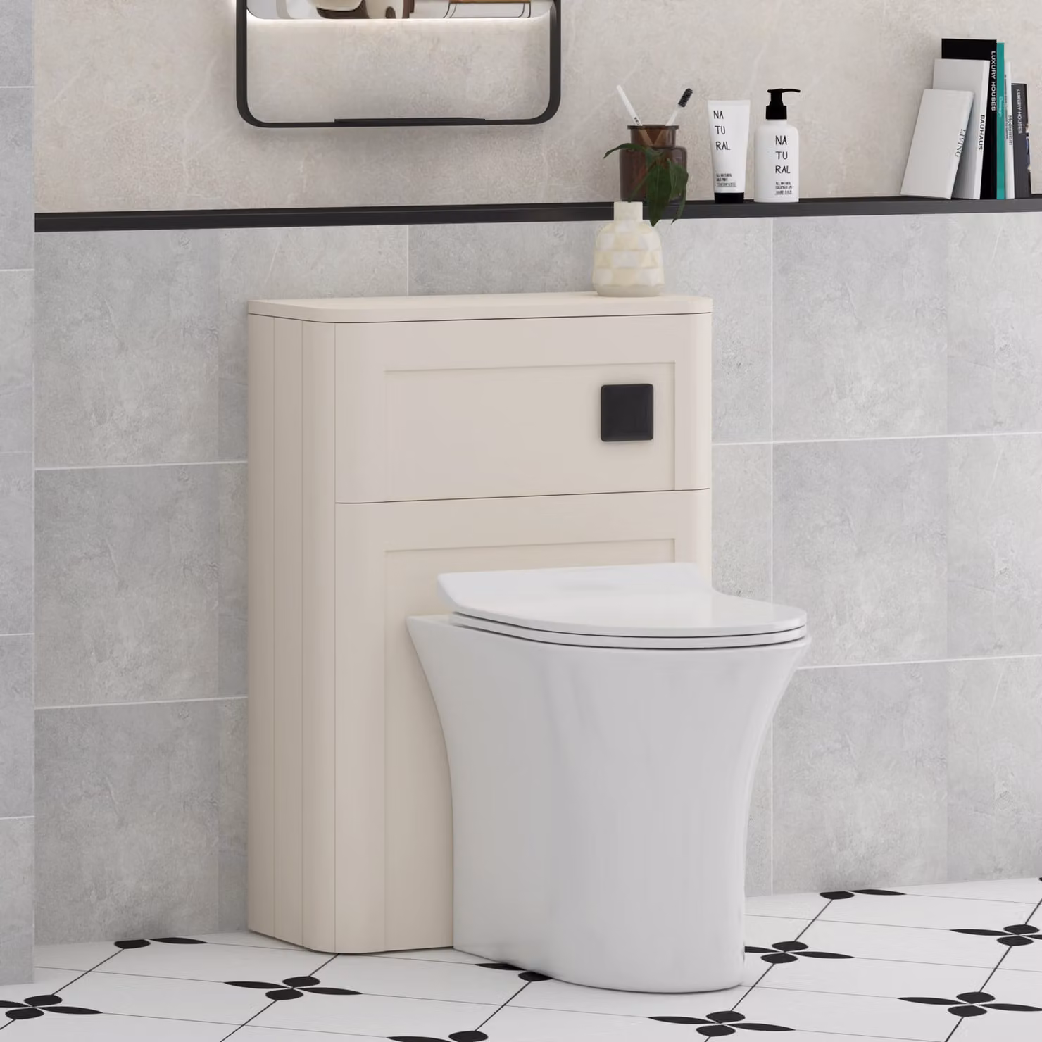 Royal Bathrooms Henley 550mm Mushroom Cashmere Wall Mounted WC Unit with Breeze Rimless Ceramic Toilet Pan, Slim Soft Close Seat and Cistern
