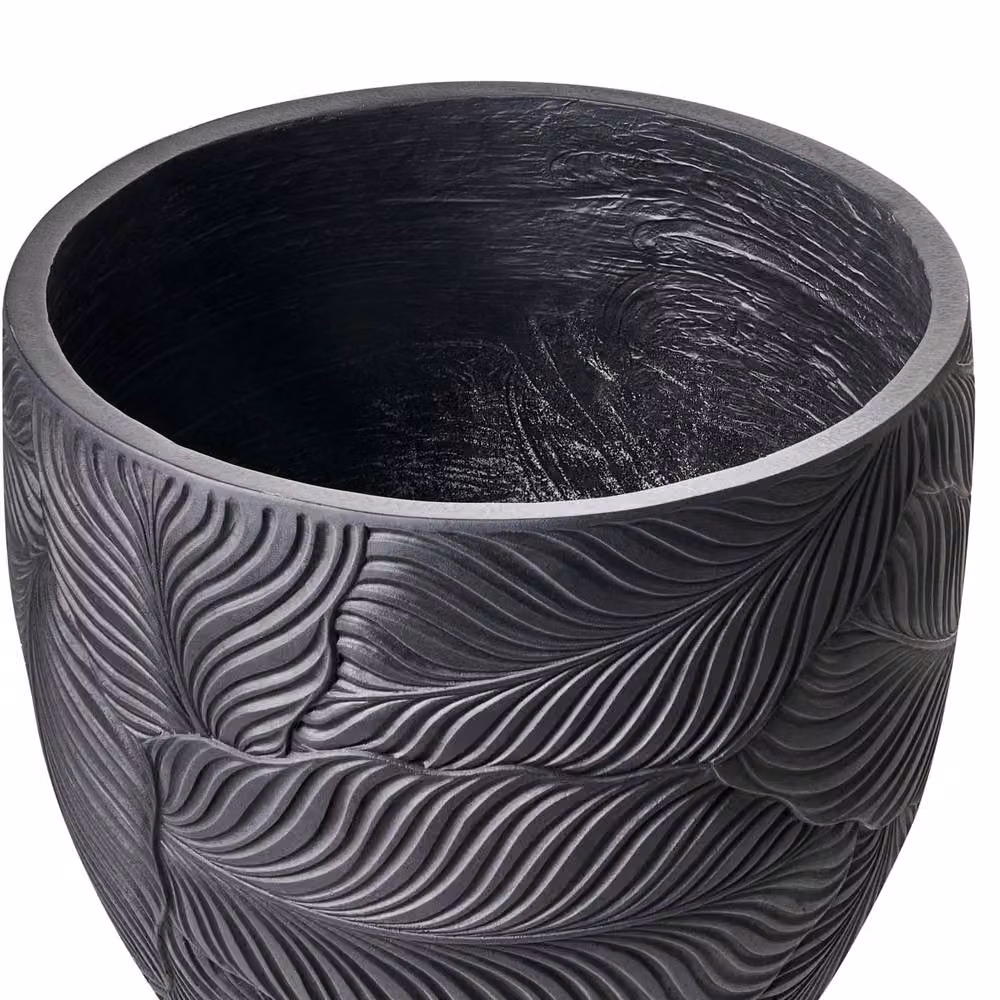 Wyld and Coco Black Fibre Clay Round Planter with Leaf Pattern, 42 cm Diameter – 4