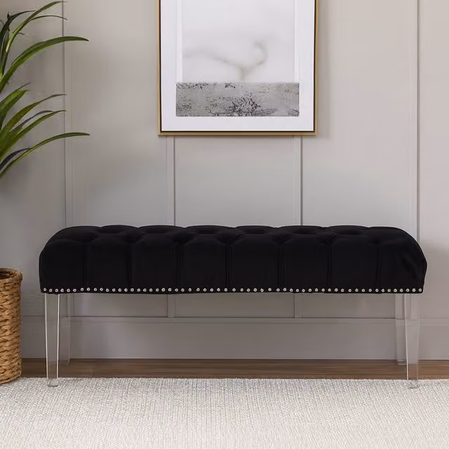 Orsina Modern Black Velvet Upholstered Bench with Transparent Legs – 1