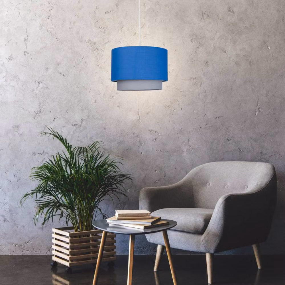 First Choice Lighting Blue and Grey 2 Tier Modern Fabric Cylinder Easy Fit Ceiling Lightshade – 5