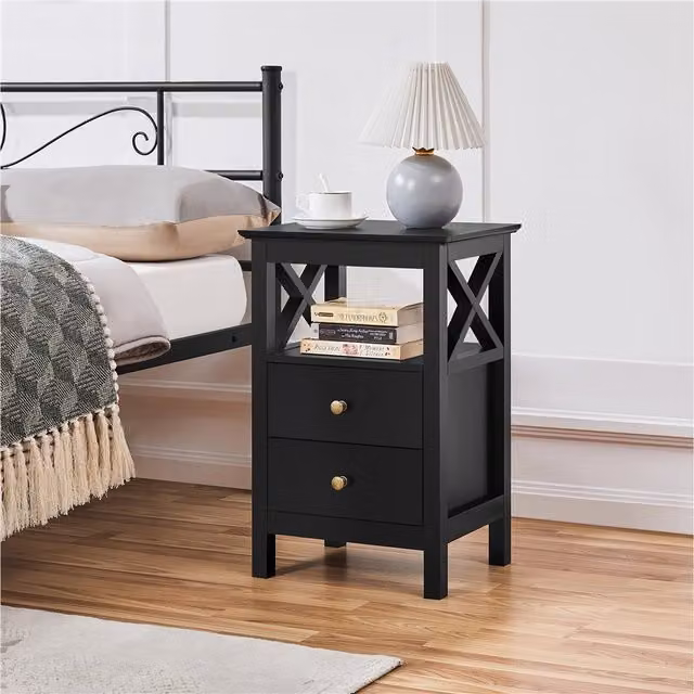 Yaheetech Modern Bedside Table with 2 Drawers in Black