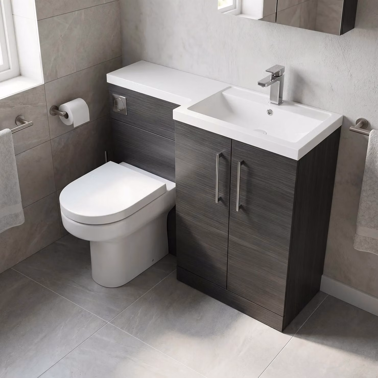 Balterley Modern Right Hand Floor Standing Vanity Basin and WC Unit, Anthracite Grey Woodgrain, W/D/H: 80 x 39 x 110 cm – 2