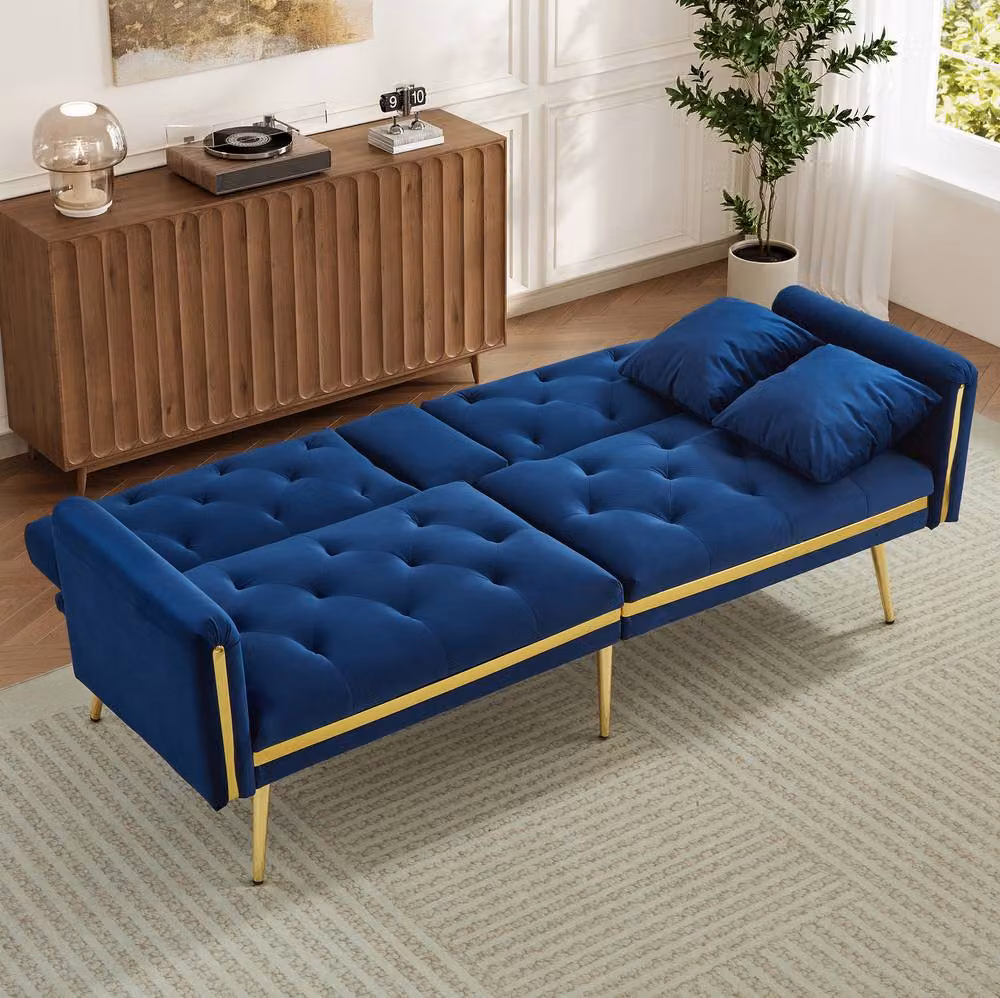 STILVORA Blue Velvet Two-Seater Sofa with Cup Holders and Gold Accents, W/D/H: 174 x 76 x 71.5 cm – 2