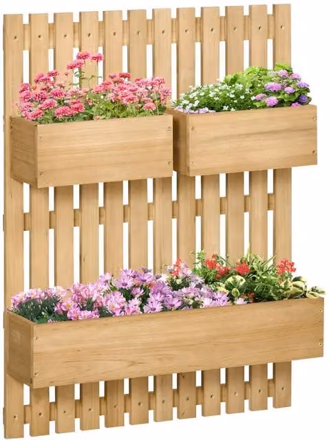 Nordara Wall Mounted Garden Planter Trellis with 3 Movable Boxes in Natural Brown – 1