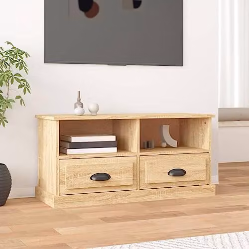 vidaXL Modern TV Cabinet with Drawers and Open Compartments in MDF, Grey or Brown, W/D/H: 93.0 x 35.5 x 45.0 cm – 2