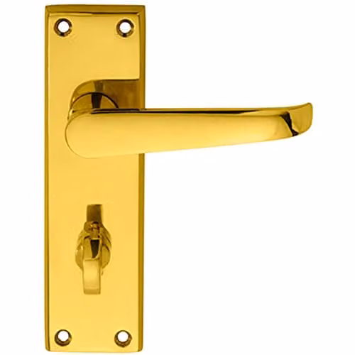 Loops Pair Straight Victorian Lever Bathroom Door Handles on Backplate, Polished Brass, W: 150 mm, H: 43 mm