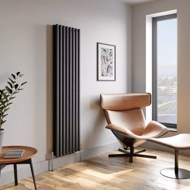Temprazo Horizontal Oval Tube Double Panel Designer Radiator in Anthracite Grey, W/D/H: 144 x 48 x 7.9 cm
