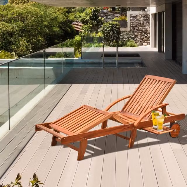 Outsunny Acacia Wood Garden Sun Lounger with Adjustable Headrest, Side Tray and Castors, Brown