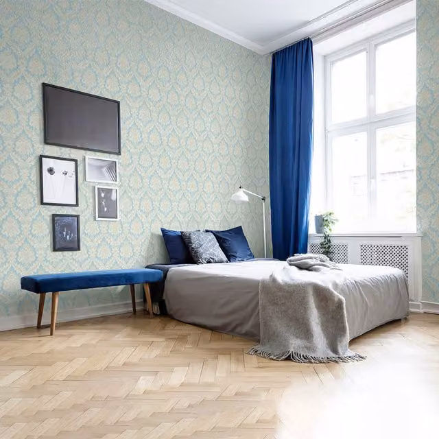 SK Filson Washable Botanical Floral Wallpaper in Blue and Beige
