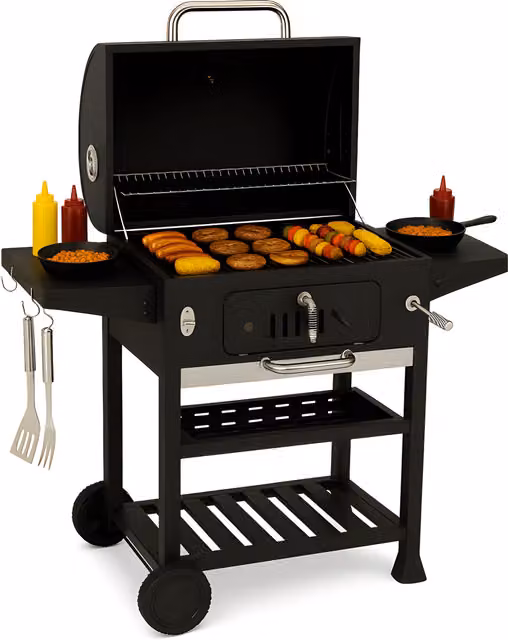 Campfire Charcoal BBQ Smoker Grill with Thermometer and Cart, Black Steel