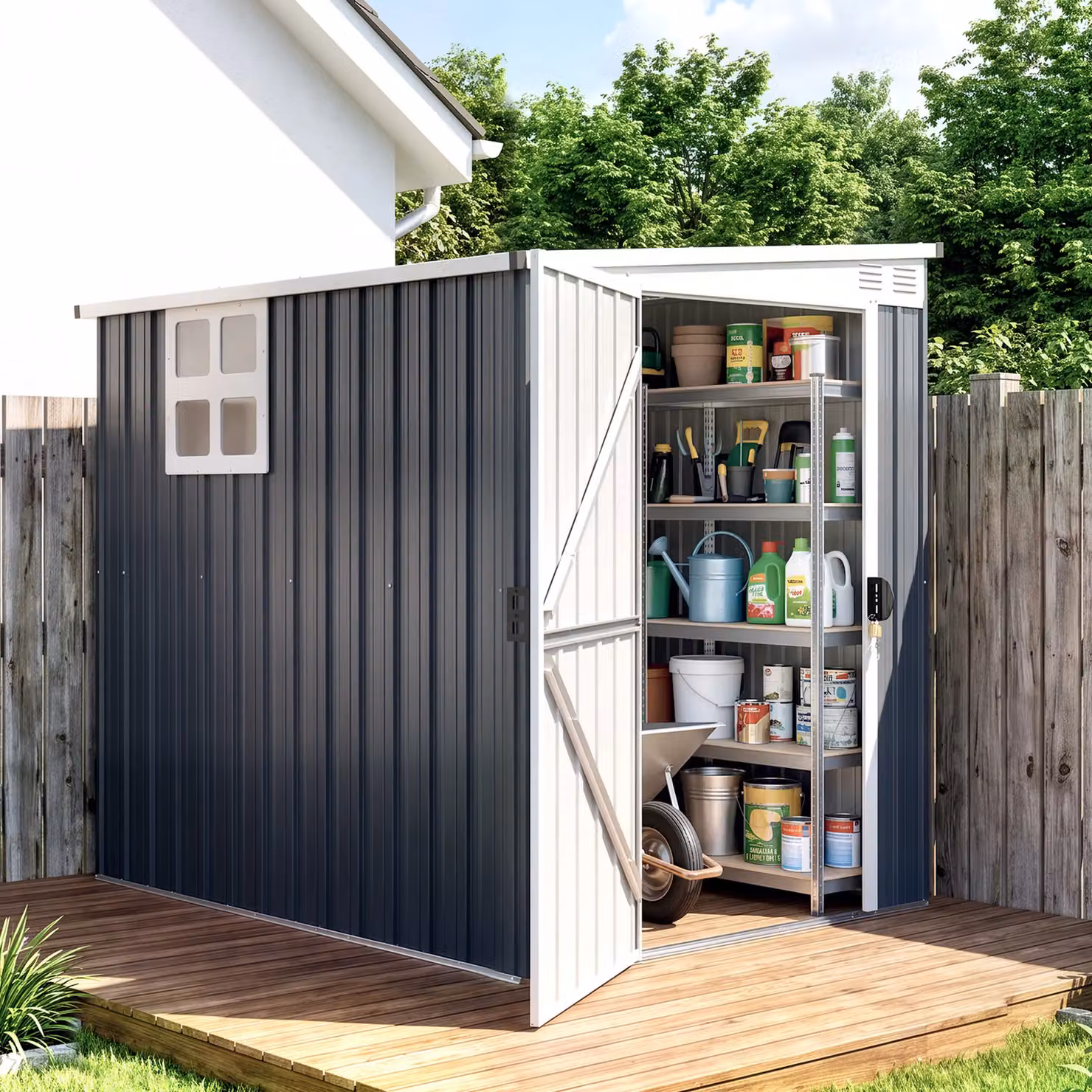 OUTSUNNY Modern Metal Outdoor Garden Storage Shed with Window and Lock, Dark Grey, H 193 x W 181 x D 117 cm – 2