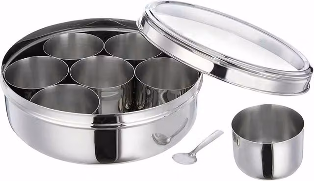 VOGREX 9-Piece Authentic Indian Stainless Steel Masala Dabba Spice Box in Silver, Diameter: 17 cm – 1