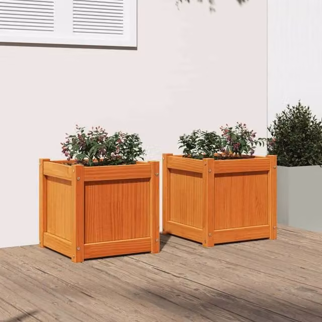 Berkfield Home Garden Wax Brown Solid Wood Pine Planter Tub, 2 Pack, W/D/H: 40 x 40 x 40 cm