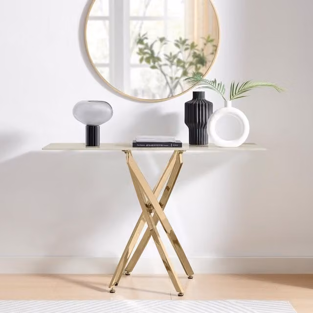 FurnitureboxUK Leonardo Rectangular Marble Effect Glass Top Console Table with Gold Metal Starburst Legs in White and Gold