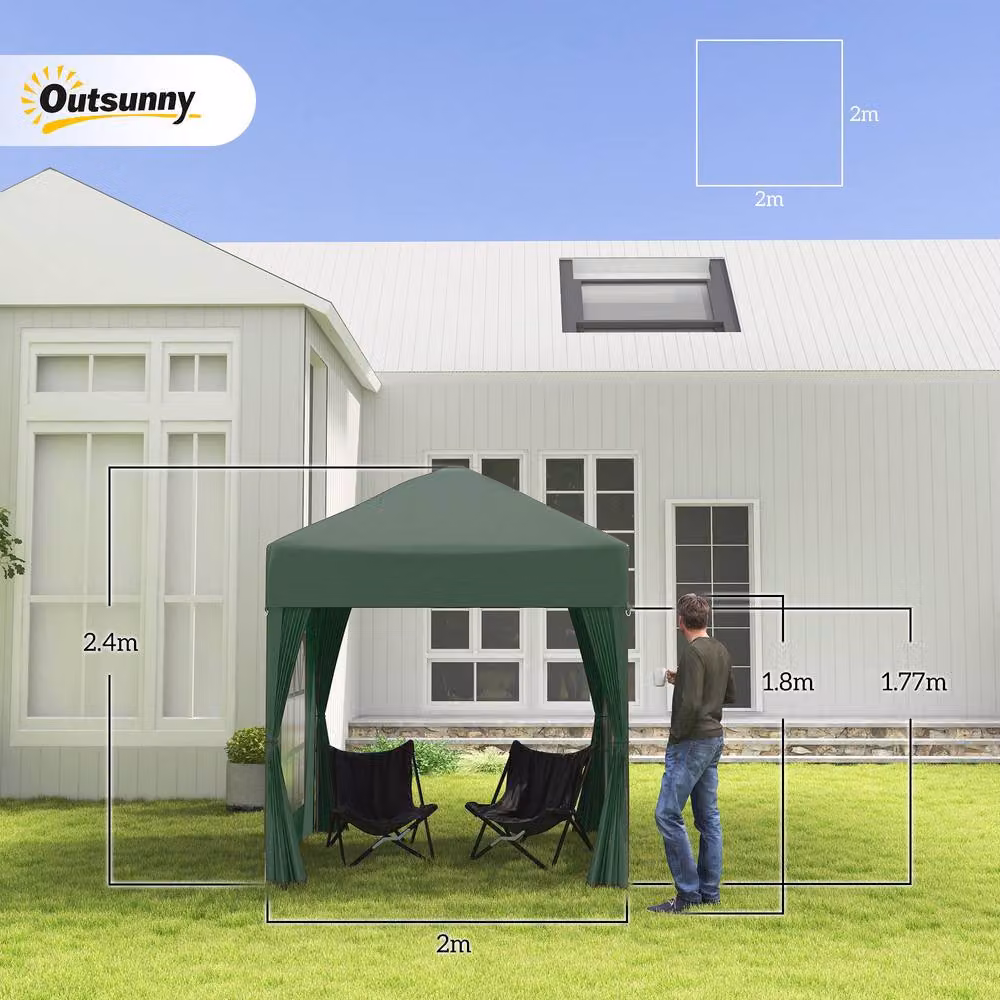Outsunny Green Pop Up Gazebo with Windows and Steel Frame, W/D/H: 200 x 200 x 240 cm – 4