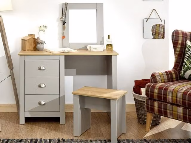 GFW Lancaster Grey and Oak Dressing Table and Stool Set