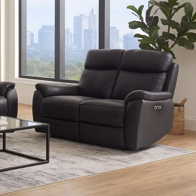 Aspire Kingsmere 2 Seater Power Recliner Sofa in Black Real Leather W/D/H: 143 x 77 x 66 cm