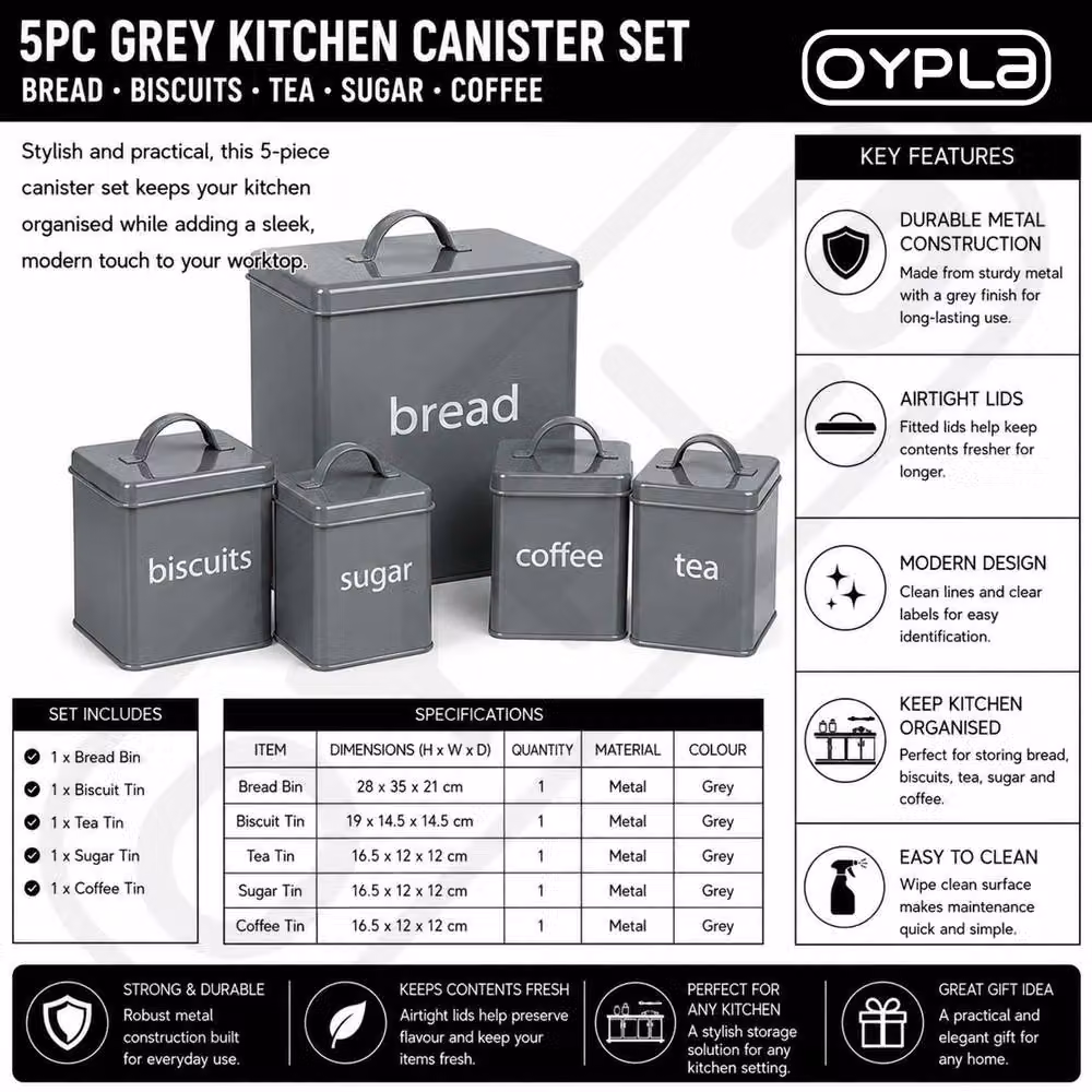 Oypla 5 Piece Airtight Metal Kitchen Canister Set in Grey and Black – 3