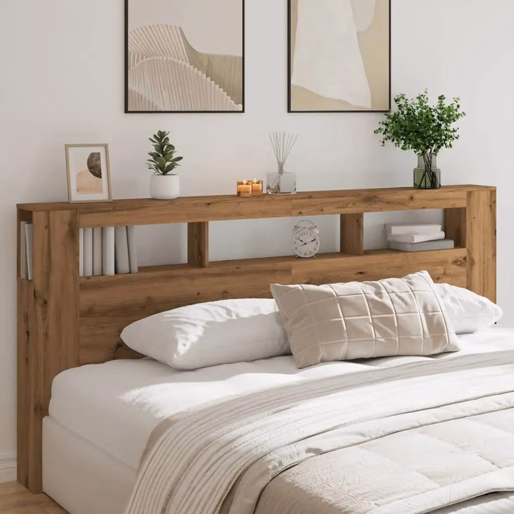 Berkfield Home Artisan Oak LED Headboard in Brown with Integrated Lighting, Shelf and USB Charging Port, W: 220 cm, D: 18.5 cm, H: 103.5 cm – 2